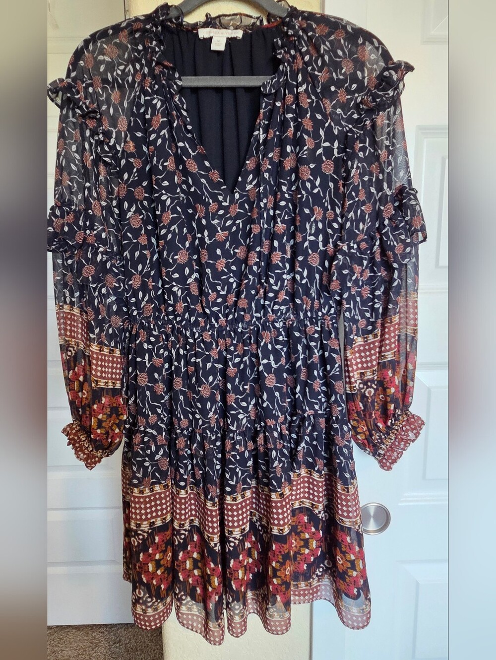 Boho Floral Tiered Long-Sleeve Dress in Blue and Rust